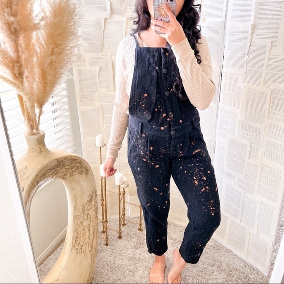 Boho Black & Bleached Splattered Woven Button Front Jumpsuit - Picture 1 of 16